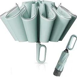 Carabiner Handle Large Automatic Folding Umbrella, Mint Green with Reflective Rim, UV Protection, Windproof Waterproof Travel Umbrella for Men Women Camping Hiking Beach Monsoon-image-56