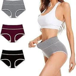 Women Cotton High Waist Full Coverage Strips Tummy Tucker Control Panty Girls Brief Hipster Panties for Women - (Pack of 2) -Black and Grey-picture-37