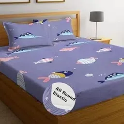 ELMORA 220 TC Microfiber Kid's Elastic Fitted Double Bedsheet (72X78 inch) with 2 King Size Pillow Covers (Fish)-image-1