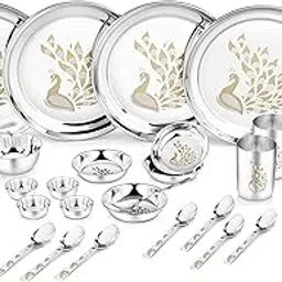 Classic Essentials Stainless Steel Dinner Set|Serves 4 People|Heavy Gauge|Kitchen Set|Permanent Laser-Peacock, Set of 32-picture-14