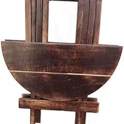 Rustic Wooden Folding Stool, Round Top Side Table, Handcrafted Mango Wood, Traditional Home Decor, Brown Finish-image-83