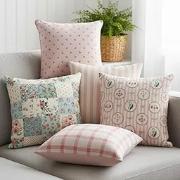 Sleepy Threads Pack of 5 Vintage Floral Throw Pillow Covers 16x16 Inches | Pink Cottagecore Patchwork Stripe Decor | Shabby Chic Pastel Garden Cushion Cases-picture-15