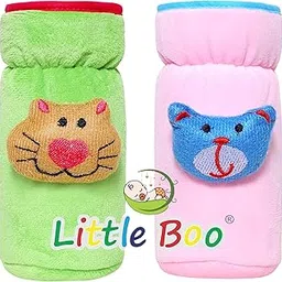 Little Boo Soft Plush Stretchable Baby Feeding Bottle Cover with Easy to Hold Strap | Cute Design Valvet Pack of 2 (Pink and Green,Narrow Neck Fits Upto 150ml)-image-85
