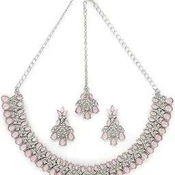 sukkhi Exquisite Rhodium Plated Pink AD White Stone Collar Bone Necklace Set With Earring And Maangtika | Jewellery Set For Women (NS105621)-picture-20