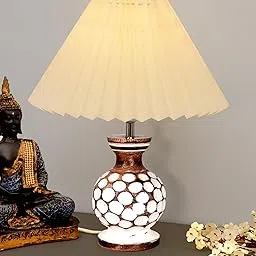 Homesake® Small Cute Bedside Lamp with Linen Beige Lampshade, Nightstand Lamp for Nursery, Bedroom, Kid Room, Living Room, Light Brown Wooden Base, E27, Carved Ball, (Pleated Off-White)-picture-10