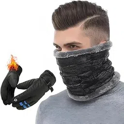 khwaish store Unisex Winter Warm Wool Neck Warmer with Fur Lining and Thermal Pu Leather Windproof Inner Fleece Gloves Set, Black-picture-58
