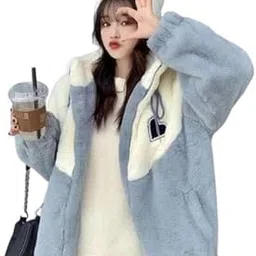 Cozy Woolen Hooded Jacket with Colorblocked Design Blue & White S-image-0