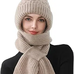 chechury Knitted Hats Women's Hat Scarf Winter Integrated Ear Protection Windproof Hat Scarf 2 in 1 Winter Hats and Scarf Women's Hooded Scarf Women Winter Scarf Warm Hat with Fleece Lining-picture-16