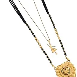 Women's Gold Plated Peacock Motif Mangalsutra and Ballerina Pendant Layered Necklace Set, Traditional Indian Black Beaded Jewelry for Wedding and Festive Outfit-MD-091-image-32