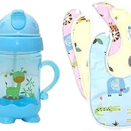 The Cheeky Kidzz Baby Feeding Silicone Spout Sipper 200ml Bottle for Infant Toddler Sippy Cup Leak Proof BPA Free with 3 Bibs (Design 24)-picture-37