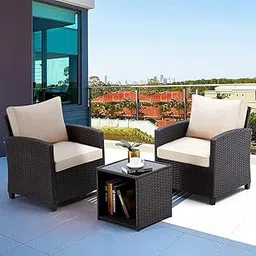LOCCUS 3-Piece Outdoor Patio & Balcony Rattan Conversation Set – Wicker Sofa with Square 2-Tier Table (Dark Brown & Cream)-picture-21
