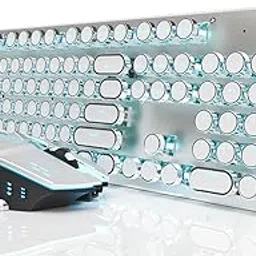 EWEADN TK950 Typewriter Mechanical Keyboard and Mouse, 104 Keys Aesthetic Typewriter Keyboard Mouse Combo with Blue Backlit, Anti-Ghosting, Blue Switch Bluetooth/2.4GHz/Wired Cute Keyboards-White image 1