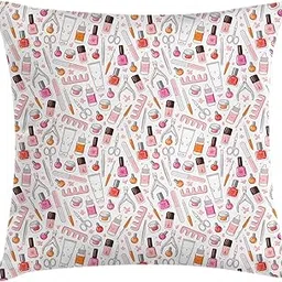 Lunarable Makeup Throw Pillow Cushion Cover, Manicure Equipment Pattern with Nail Polish Tools for Women Pastel Colored Cosmetics, Decorative Square Accent Pillow Case, 20" X 20", Multicolor-picture-31