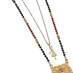 Women's Gold Plated Peacock Motif Mangalsutra and Ballerina Pendant Layered Necklace Set, Traditional Indian Black Beaded Jewelry for Wedding and Festive Outfit-MD-066-image-44