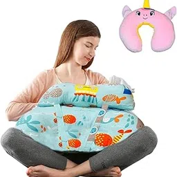 Combo Pillow & Baby Feeding Pillow with 100% Cotton Removable Cover | Breastfeeding Pillow | Nursing Pillow with Adjustable Belt and Hoop (Green Without Arm Rest With Unicorn Pillow, Large)-image-20