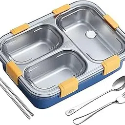 PRIME DEALS Lunch Box Sealed Leakage Proof Stainless Steel Lunch Box with Fork,Chopstick & Spoon Lid Office Food Container 3 Compartment for School Kids and Adults, 750ml (3 Compartment, Blue)-picture-31
