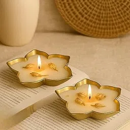 Ksma Lotus Urli Candle Set of 2 (Amber Wood Scented) Candle Decorative Flower Shaped Candles – Golden Edge Tealight Candles for Home Décor & Diwali Decoration-image-31