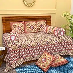 SkyKross GeometricPrinted 100% Pure Cotton Diwan Cover Set | Deewan Cover Set with Bedsheet for Living Room |8 Pcs Set - 5 Cushion Cover,2 Bolster Cover,1 Bedsheet (Golden)-image-6
