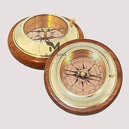M.A & SONS Large Brass Paperweight Desk Compass with Wood Base-image-5