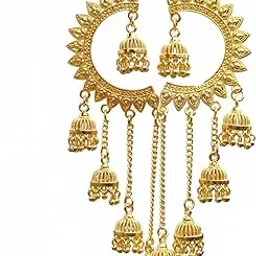 Traditional Kashmiri Gold Plated Jhumka Earrings, Multi-Bell Chain Danglers, Ethnic Wedding Festival Jewelry with Crown Design and Dome Shaped Bells-picture-53