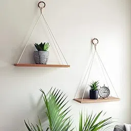 handicraft Home Decor Itams, Macrame Hanging Shelves, Wooden Wall Shelves with Handmade Woven Hanger, Pack of 2 Rope Floating Shelf for Photo Frames, Small Plants, Boho Home Decor for Home Decoration-picture-25