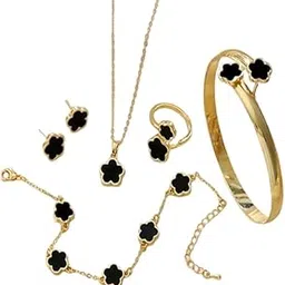 MAYA COLLECTION Elegant Gold Plated Stainless Steel Jewelry Set with Black Flower Design, Necklace, Bracelet, Earrings, Bangle, Ring Pack Of 5-picture-54