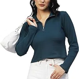 rigo Waffle Knit |High Collar Zipper |Long Sleeves, Western Regular Fit Crop Tops for Women|Stylish-picture-15