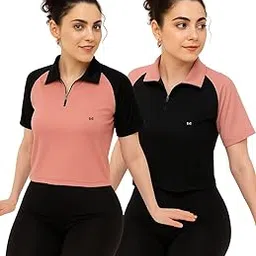 White Moon Gym T Shirt for Women Workout Combo, Workout Tops, Gym Crop Tops Combo – Dry Fit Running Yoga Tops, Quick Dry High Collar Zip Sports Shirts – (Pack of 2)-picture-13