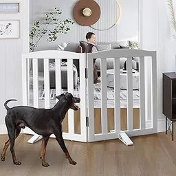 Belief Wood Freestanding Pet Gate, Folding Safety Fence Wooden Kids & Dog Gate with 2PCS Support Feet Ideal for Stairs, Doorways, Halls, Kitchens, Indoors Gates, 2 Panels 24"(60 Cm), White (2 Panel) image 1