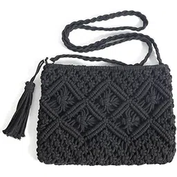urooz Macrame Cross-Body Boho Chic Handmade Natural Fiber Cord Yarn Small Mini Casual Festival Beach Bohemian Fringe Tassel Woven Textile BLACK-picture-17