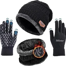 sument Beanie Hat Woolen Winter Cap with Neck Mufler & Hand Gloves Ultra Soft Elastic Warm Knit Hat Thick Fleece Lined Scarf Set Neck, Ear and & Warmer Combo Set for Travelling and Surfing Black-picture-50