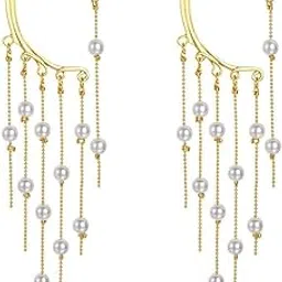 yellow chimes Earrings For Women Gold Tone Earcuffs With Linear Pearl Studded Tassel Chain Earrings For Women and Girls-picture-30