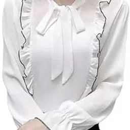 pinkhub Women's Ruffle Blouse with Bow Tie Neck,Elegant Office Top Long Sleeve V-Neck Chiffon Korean Style Plain Business Work Shirts Blouse Top-picture-32