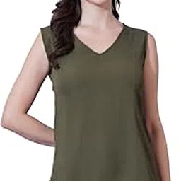 Women's Solid Poly Cotton Regular Fit V-Neck Sleeve Less Casual Top-image-16