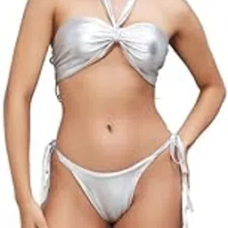 zerokaata Metallic Bikini Set | Halter Shiny Bikini Set for Women Beach Wear | Swimming Costume for Women 2 Piece Set-picture-40