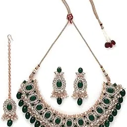 sukkhi Bright Gold Plated Green Ad Stones With Drop Beads Studded Choker Necklace Set For Women-picture-11