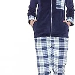 ninen Women's Winter Wear Velvet Plush Night Suit Pajama Set, Navy Blue with Plaid Print, Zip-Front Jacket and Long Pants | Women Winter Night Suits Sets-picture-19