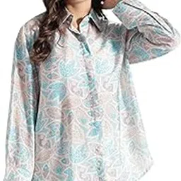 sino star enterprise Women's Floral Button-Down Shirt, Turquoise and Gray Print, Long Sleeve, Collared Blouse, Business Casual-picture-71