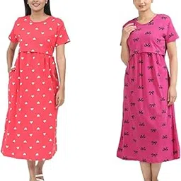 Mayaval Women’s Maternity & Nursing Dress Set – Pack of 2 Comfortable Feeding Dresses in Coral Pink and Magenta with Heart & Bow Print-image-0