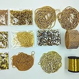 Aari Embroidery Materials Gold Color Combo,dapka/zardosi,zari Thread,chamki,Half moti,Full moti,Ball Chain Combo(Gold Essential Combo)-picture-13