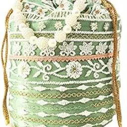 aaiku Elegant Drawstring Potli Bag, Mint Green with White Embroidered Floral Pattern, Traditional Style Handbag with Decorative Tassels-picture-14