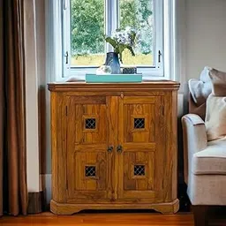 Suryavanshi Solid Wood Corner Sideboard Cabinet – Rustic Storage Cupboard with Iron Grille Panels & Double Doors – Handmade Vintage Style for Living Room, Entryway, or Dining Room (91 cm)-picture-24