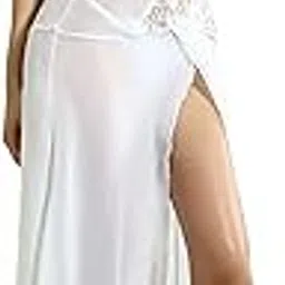 love maker Women`s Sheer Net Lace Polyester Solid Plain Slip Babydoll Lingerie Deep V Neck Long Night Gowns Dress with G-String Panty S-3XL-picture-43