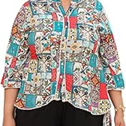 juniper Blue Rayon Ethnic Motif Printed High-Lacy Plus Size Tunic for Women-picture-28