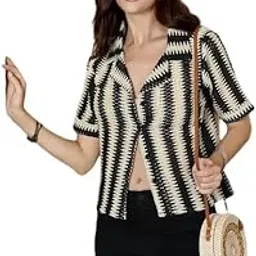 Black Beige Checkered Print Short Sleeves Waist Length Shirt-picture-18