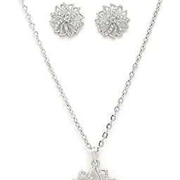zeneme Rhodium Plated Silver Toned White Cubic Zirconia Studded Floral Shaped Pendant Chain Set With Earrings Jewellery Set For Women And Girls-picture-13