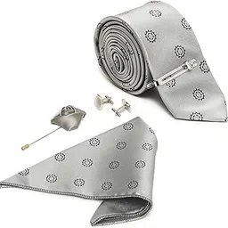 louis stitch MensPolka Grey Italian Silk Necktie Set With Pocket Square Cufflinks Brooch Tie (Suit Accessories) (Czech)-picture-16