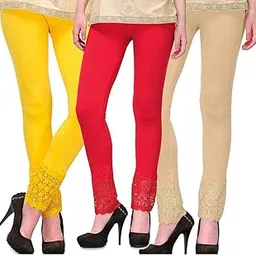 S R Collection Women's Stretch Fit Viscose Lycra Designer Bottom Lace Leggings (Pack of 3) (Free Size)-picture-14