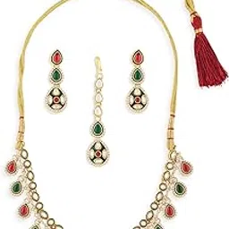 zaveri pearls Green Pink Dazzling Stones Embellished Meenakari Necklace Earring & Maangtikka Set For Women-ZPFK21656-picture-31