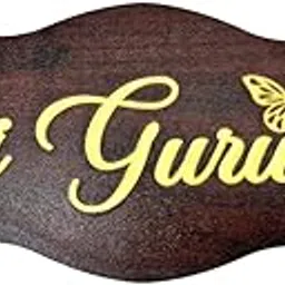 Bhairavi Creations Guru Ji Door Name Plaque, Wooden Finish, Decorative Wall Sign with Butterfly Design, Brown and Gold (Design 3)-picture-47
